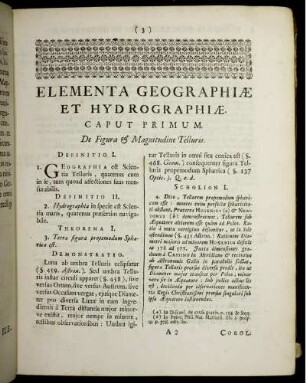 Elementa Geographiae et Hydrographiae. Caput Primum. De Figura Magnitudine Telluris.