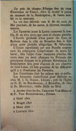 Souscription de six Estampes représentant les principaux Evénemens arrivés depuis le commencement de notre Révolution