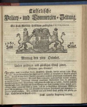 40. Stueck, Montag den 5ten October 1767