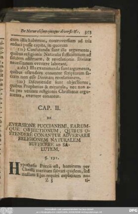 Cap. II. De Eversione Puccianismi, Earumque Obiectionum, Quibus Ostendere Conantur Adversarii Religionem Naturalem Sufficere Ad Salutem.