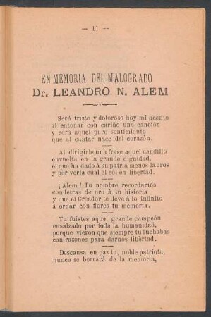 En memoria del malogrado Dr. Leandro N. Alem