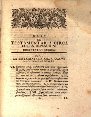 De testamentaria circa corpus dispositione diss. iur. I.