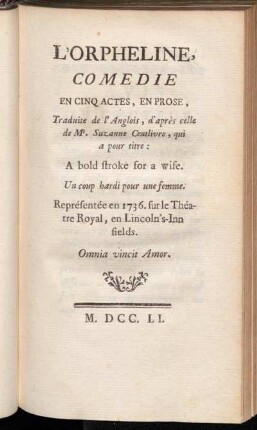L'Orpheline, Comedie, En Cinq Actes, En Prose, [...].