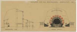 Darmstadt, provisorisches Blumenhaus für die Ausstellung, Querschnitt und Aufriss der Hauptfassade