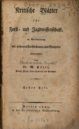 Kritische Blätter für Forst- und Jagdwissenschaft, 1. 1822