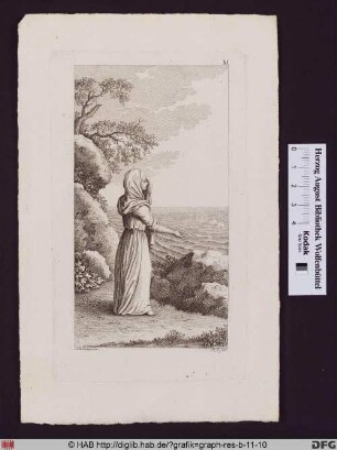 Eine Frau mit Schleier steht an einer felsigen Küste, schaut aufs Meer und trocknet ihre Tränen.