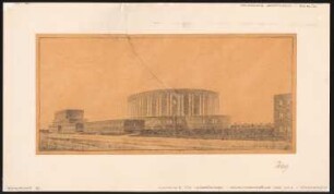 Deutsches Sportforum, Berlin: Perspektivische Ansicht Hochschule für Leibesübungen, Verwaltungsgebäude, Winterstadion