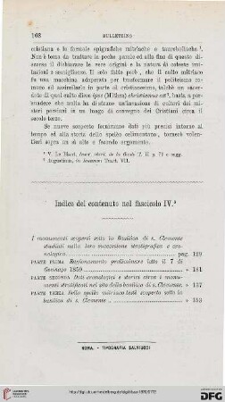 Indice del contenuto nel fascicolo IV°