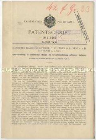 Patentschrift einer Sperrvorrichtung an selbsttätigen Waagen zur Gewichtsbestimmung gefahrener Ladungen, Patent-Nr. 118465