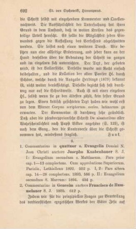 692-701 [Rezension] Knabenbauer, Josef, Commentarius in quatuor s. evangelia domini n. Iesu Christi