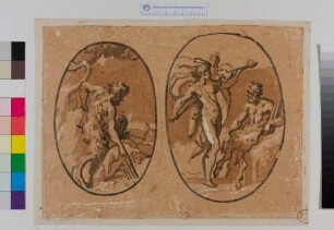 Links: Marsyas findet Minervas Panflöte; rechts: der Wettkampf zwischen Apollo und Marsyas,