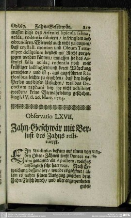 Observatio LXVII. Zahn-Geschwär mit mit Verlust des Zahns restituiret