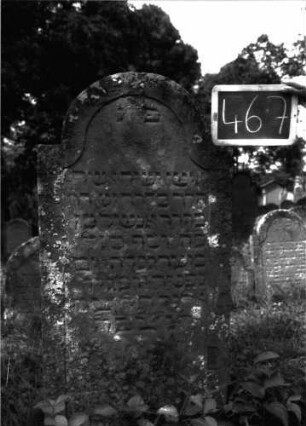 Grabstein 467 (Index: 100102691) Material: Sandstein Zustand: teilweise verwittert Maße HxBxT: 147x59x10 cm Beschreibung: Stele, eingezogener Rundbogenabschluss, Schriftfeld eingetieft mit Konvexbogenabschluss: Grabstein 467