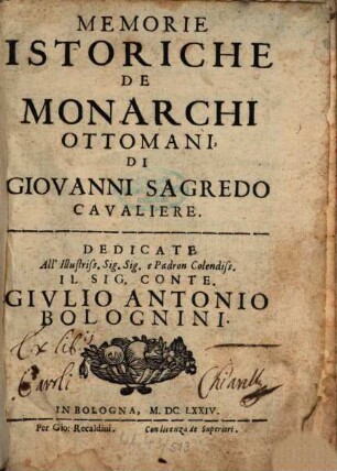 Memorie Istoriche De Monarchi Ottomani