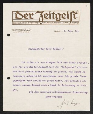Brief von Fritz Engel von Der Zeitgeist. Beibl. z. Berliner Tageblatt  an Gerhart Hauptmann