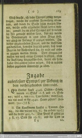 Zugabe auserlesener Exempel zur Uebung in den vorhergehenden Unterricht