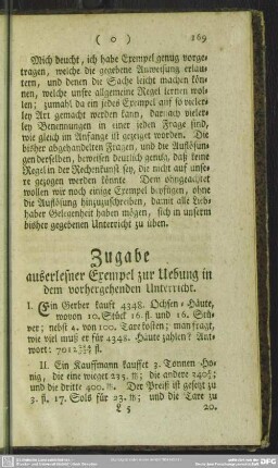 Zugabe auserlesener Exempel zur Uebung in den vorhergehenden Unterricht