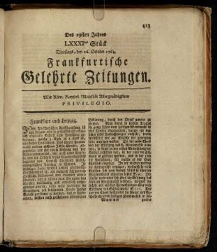 LXXXItes Stück Dienstags, den 16. October 1764. - XCtes Stück Freytags, den 16. November 1764.