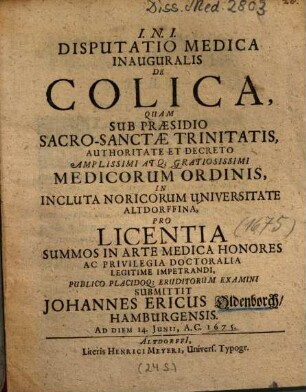Disputatio Medica Inauguralis De Colica