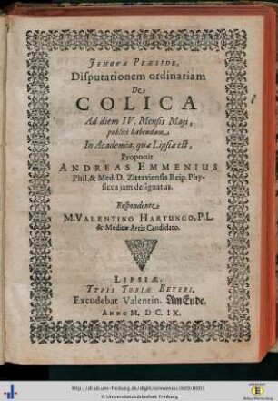 Jehova praeside, Disputationem ordinariam De colica