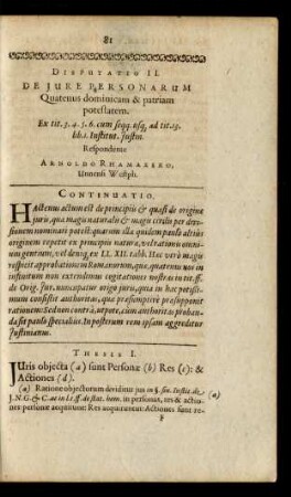Disputatio II. De Iure Personarum Quatenus dominicam & patriam potestatem.