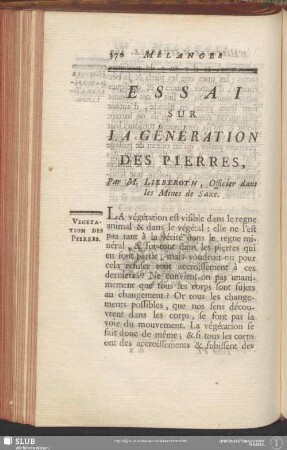 Essai Sur La Génération Des Pierres, Par M. Lieberoth, Officier dans les Mines de Saxe