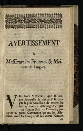 Avertissement a Messieur les Francois & Maitres de Langues