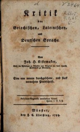 Kritik der Griechischen, Lateinischen, und Deutschen Sprache