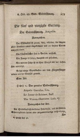 Die fünf und vierzigste Gattung. Der Seidenschwanz. Ampelis.