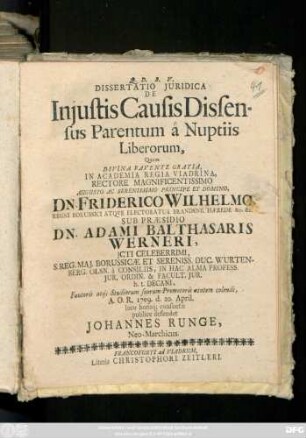 Dissertatio Juridica De Injustis Causis Dissensus Parentum â Nuptiis Liberorum
