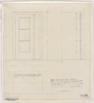 Haus des Rundfunks, Berlin-Charlottenburg: Tür der Durchgänge unter Saal 2 und 3, Aufriss, Schnitt, Grundriss 1:10