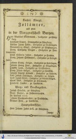 Kaiserl. Königl. Zollämter, und zwar in der Margraffschaft Burgau.