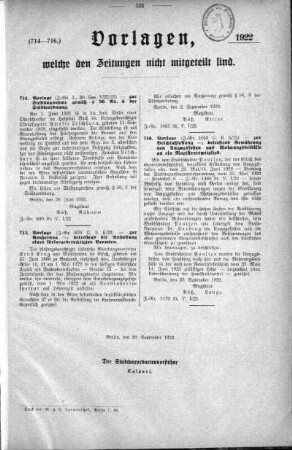 Anlage: (714-716.), Vorlagen, welche den Zeitungen nicht mitgeteilt sind, 29. September 1922