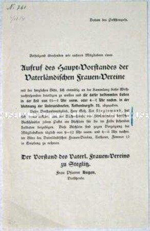Rundschreiben der Vaterländischen Frauen-Vereine zur Weihnachtsspende für Frontsoldaten