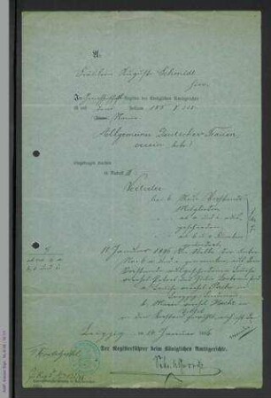 Schreiben des königlichen Amtsgerichtes Leipzig an Auguste Schmidt