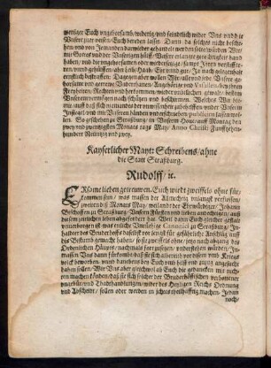 Kayserlicher Mayt: Schreibens/ ahne die Statt Straßburg.
