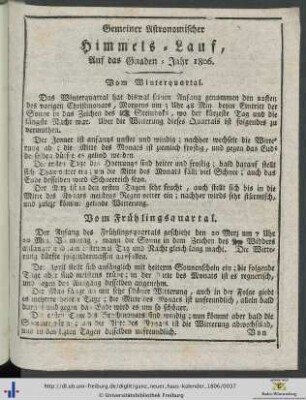 Gemeiner Astronomischer Himmels-Lauf, Auf das Gnaden-Jahr 1806.