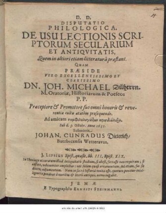 Disputatio Philologica. De Usu Lectionis Scriptorum Secularium Et Antiquitatis, Quem in altiori etiam litteratura praestant