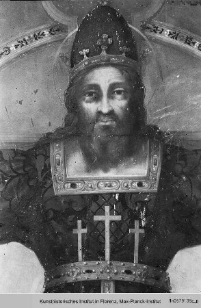 Gekreuzigter Christus als Volto Santo flankiert von dem Heiligen Johannes der Täufer und dem Evangelisten Markus - Cristo corcifisso comme Volto Santo Fra con Santi Giovanni Batista e Marco