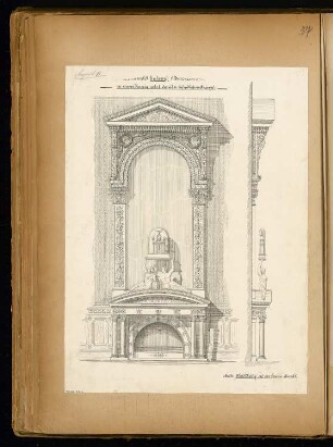 Marmorkamin Monatskonkurrenz August 1868: Aufriss Vorderansicht, Vertikalschnitt; Maßstabsleiste