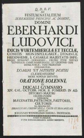 Ad Festum Natalitium Serenissimi Principis Ac Domini...
