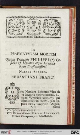 I. In praematvuram mortem Optimi Principis Philippi Castellae [et]c. Legionis