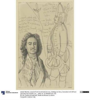 Leopold Fürst von Anhalt-Dessau, Halbfigur en face, Grenadier mit Griff vom Zinnsarg des Fürsten Leopold