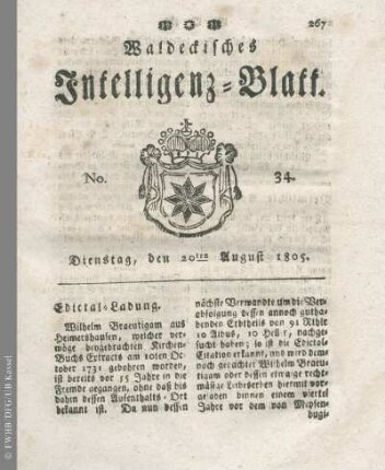 No. 34, Dienstag, den 20ten August 1805