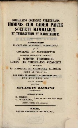 Comparatio columnae vertebralis hominis cum eadem parte sceleti mammalium et terrestrium et maritimorum : adiecta tabula