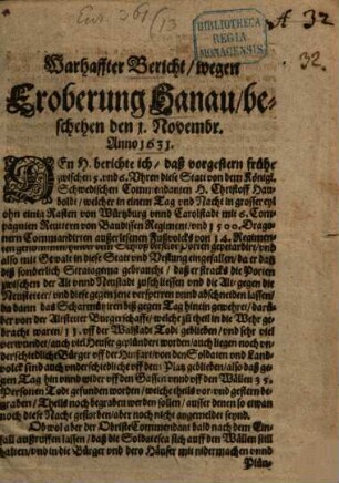 Warhaffter Bericht wegen Eroberung Hanau