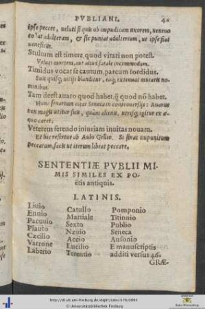 Sententiæ Publii Mimis Similes Ex Poëtis antiquis