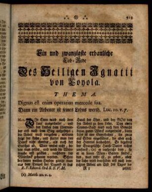 313-329, Ein und zwanzigste erbauliche Lob-Rede Des Heiligen Ignatii von Loyola.