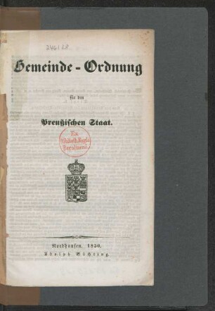 Gemeinde-Ordnung für den Preußischen Staat