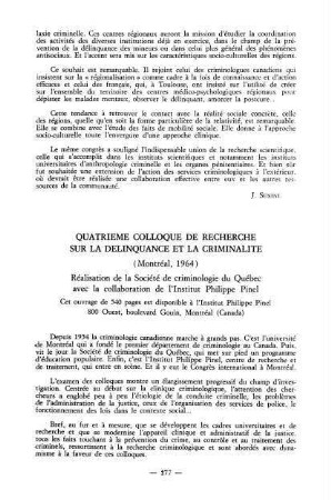 277-278, Quatrième Colloque de recherche sur la délinquance et la criminalité, Société de criminologie du Québec